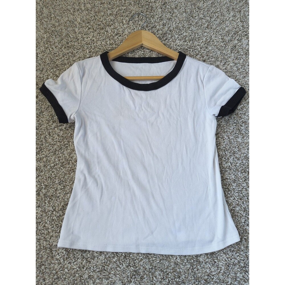 Women's M White Ribbed Ringer Tee Crew Neck Short Sleeve Fitted Knit Top